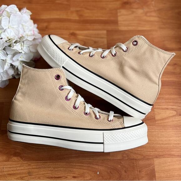 NEW Womens Size 9.5 Custom Converse Lift OX High Top Platform Tan Canvas Shos - Picture 1 of 10